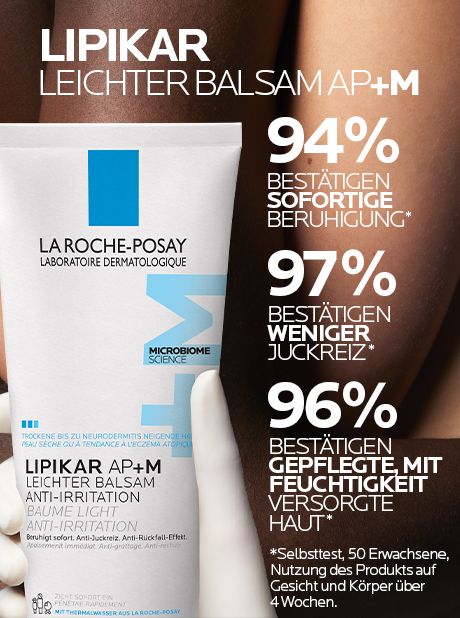 La Roche-Posay Lipikar Leichter Balsam AP+M Tube. Text: 94% Beruhigung, 97% weniger Juckreiz, 96% gepflegte Haut.